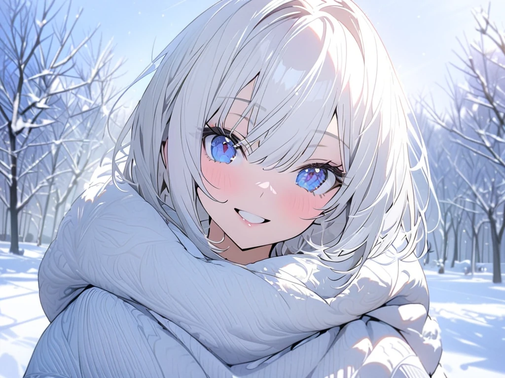 1 solo, highest quality, masterpiece, highdetail

1girl; White hair; short hair; blue eyes; young woman; perfect body; perfect face; smiling; light blush; shirt; jeans; beanie.

Park; outside; trees; snow; 