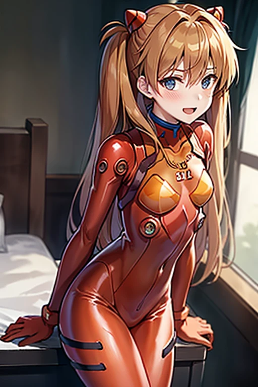 (( top quality)), ((masterpiece)), (be familiar with),  perfect face, indoor, bedroom, looking at the viewer,
One woman,  Soryu Asuka Langley,
 open mouth,  ecstatic expression beside the piano, blush, smile,
 small tits,  flat chested, Young girl, Lori,  s,  girl,
 long hair,  twin tails,
Leg spread,