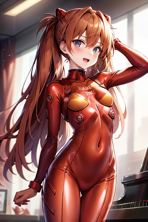 (( top quality)), ((masterpiece)), (be familiar with),  perfect face, indoor, bedroom, looking at the viewer,
One woman,  Soryu Asuka Langley,
 open mouth,  ecstatic expression beside the piano, blush, smile,
 small tits,  flat chested, Young girl, Lori,  s,  girl,
 long hair,  twin tails,
Leg spread,