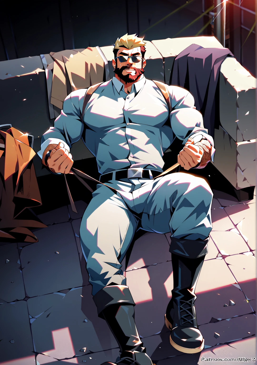 full body portrait, strong burly hairy mature older man(space captain), wearing futuristic captain's uniform insignia (neon and black) (open and revealing) (latex) , gray hair, broad shoulders, round belly, thick feet, bulging micro thong, barefoot, scifi spaceship captain uniform, neon lights, best quality elegant masterpiece, face looks like Tom Selleck (Magnum PI) , military buzzcut, dark mustache, gray stubble, latex, wearing a latex thong, big bulging crotch, futuristic gear equipment, wearing see through plastic chest armor (neon yellow and electric blue), wearing neon yellow see through chest armor, wearing electric blue latex chaps(see-through) , wearing cool neon sneakers,in spaceship cockpit, lying in spaceship sleeping quarters(bed) (view from above), smiling with teeth showing, nicebulge, waiting in bed, glowing armor, legs up(!) and spread(!) , big muscle ass, wet and dripping ass, visible asshole(!) , wet asshole, hairy pecs, thick long legs, silver hair