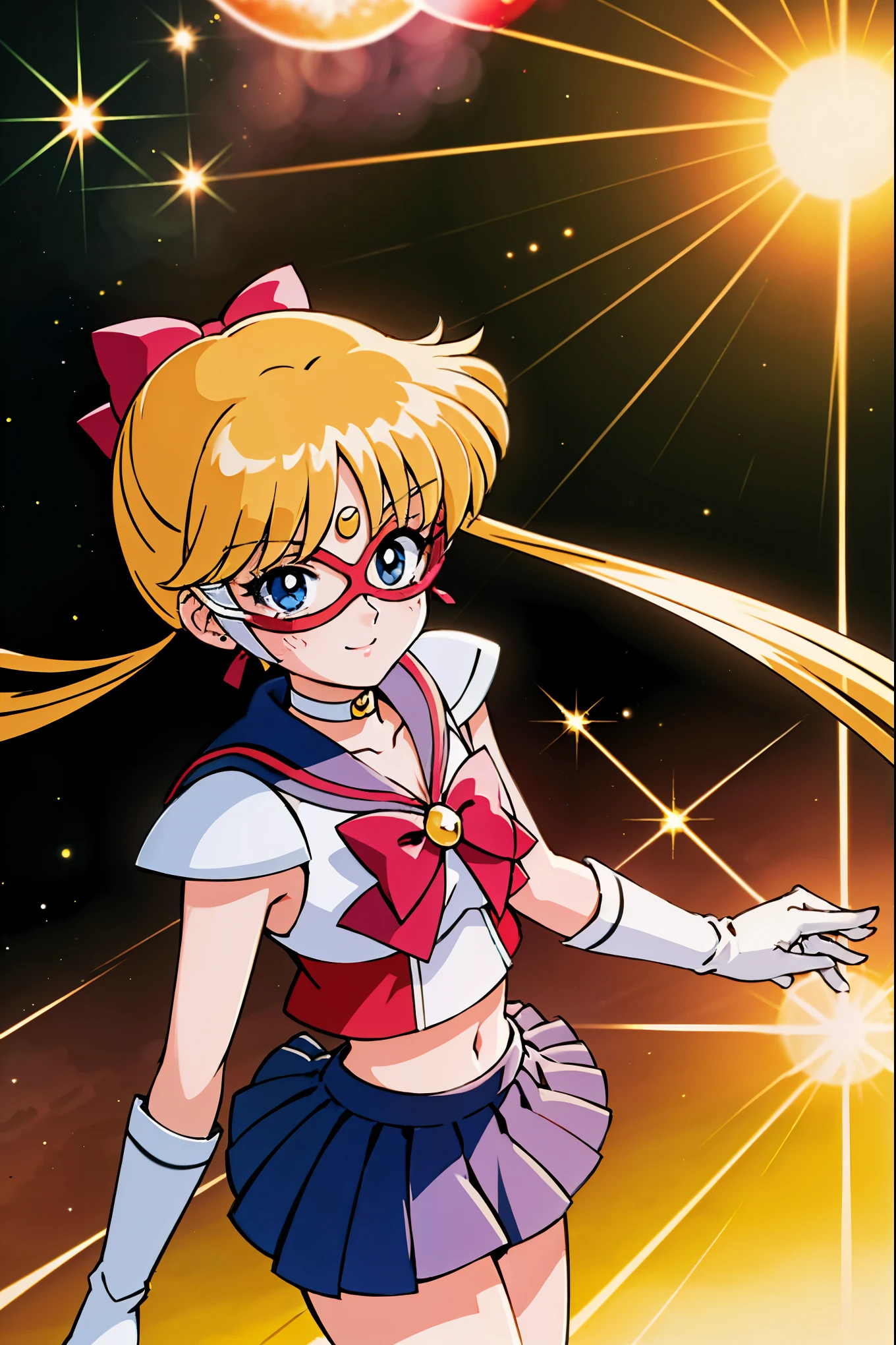 (masterpiece,highest quality,Super detailed,8k,High resolution,an extremely delicate and beautiful,Official Art,Perfect Anatomy:1.5),((90s anime,90s anime style,Cel-shaded anime,anime screencap,anime coloring:1.25)),(solo:1.5), perfect face,beautiful,sexy,athletic body,shiny skin,(EPTakeuchiNaokoStyle:1.7),((sailorv:1.52)),(mask:1.7), blonde hair, long hair, hair bow, blue eyes, crescent facial mark, forehead mark, earrings magical girl, sailor senshi uniform, white choker, crop top, red bow, jewelry, midriff, navel, white gloves, blue skirt, miniskirt, blue high heels (dynamic boxing pose:1.25), Strong lighting,born,Color Theme Red, dramatic light, (Expression of joy:1.4),magician, spell magic, magic circle, ((Magic in the hands)),(Use Fire Magic:1.14),Fire Magic, Imaginative Overlays, Artistic Fusion,Fantastic scene, moving story, Impressive visuals, (Shining Eyes),blends well with the eye,blends well with the eye,Eye focus,(Carefully crafted brilliance, Lens flare:1.7),(Expressions of joy:1.51),Octane Rendering,Rainbow Paint Drops,Woman made of paint,Full Paint,(Movie Background),Splat,splash,Dark and blurry background,close,(Best writing, Very delicate and beautiful),Beautiful sparkle in every detail,(Soft Light:1.2),(soft money tone lighting),W腕 and Soft Lighting,dramatic light,((Cinematic Light)),Ambient Occlusion,Zhou Xianguang,Intense,powerful,Absolutely eye-catching splashes of color,((caustic)),ray tracing reflection,The light shines,morning,bust,