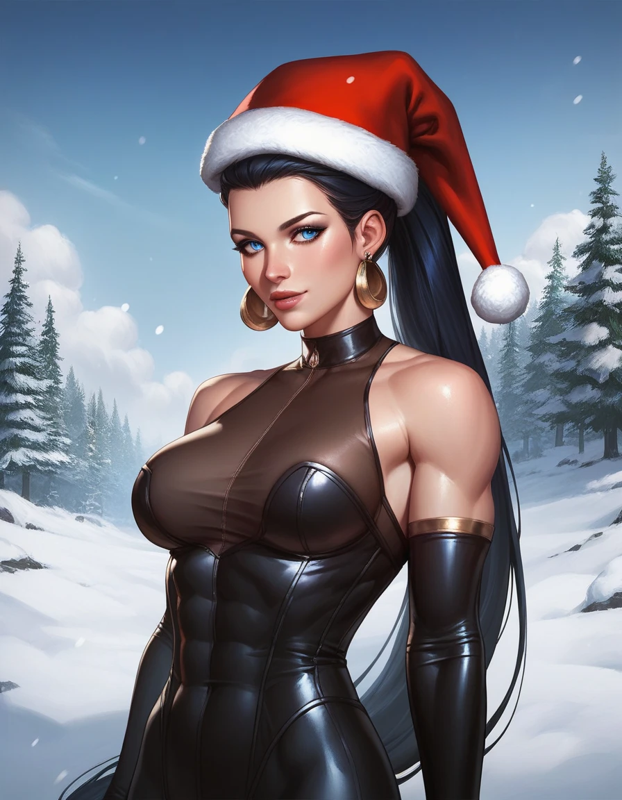 Hinata Hyuga, sozinho, cabelos longos, cabelo azul escuro, Luvas, bareshoulders, olhos verdes, elbow Luvas, lips, Natal, santa hat, red Luvas, Traje de Papai Noel, Realistic, in cozy Natal workshop, Skimpy, colorido, alto contraste, fundo intrincado, pele altamente detalhada, 8k, UHD,(SFW),Selos Postais Vintage