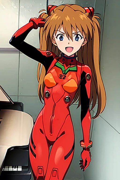 (( top quality)), ((masterpiece)), (be familiar with),  perfect face, indoor, bedroom, looking at the viewer,
One woman,  Soryu Asuka Langley,
 open mouth,  ecstatic expression beside the piano, blush, smile,
 small tits,  flat chested, Young girl, Lori,  s,  girl,
 long hair,  twin tails,
Leg spread,