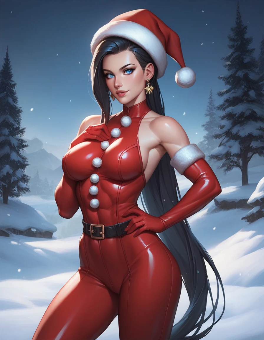 , standing alone, long  hair, Dark Blue Hair, mitts, bareshoulders, greeneyes, elbow mitts, lips, christmas, santa hat, red mitts, Santa Claus costume, Realistic, in cozy christmas workshop, Skimpy, fullcolor, hight contrast, intricate background, highly detailed skin, 8K, uhd,(SFW),Vintage Postage Stamps, massive breasts 