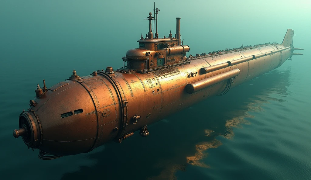 Realistic, theme is "steampunk", submarine powered by steam, huge copper-colored submarine moving through the deep sea, detailed side view of the submarine from the outside, cool silhouette, hull with various equipment attached, sci-fi, sophisticated design, advanced lighting technology, live-action photos 8K quality