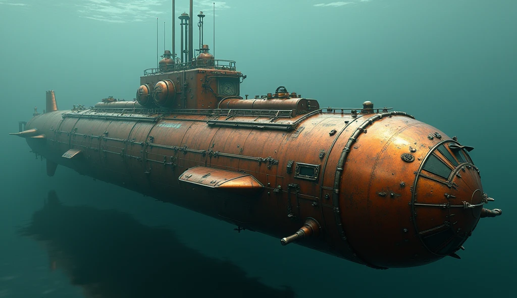 Realistic, theme is "steampunk", submarine powered by steam, huge copper-colored submarine moving through the deep sea, detailed side view of the submarine from the outside, cool silhouette, hull with various equipment attached, sci-fi, sophisticated design, advanced lighting technology, live-action photos 8K quality