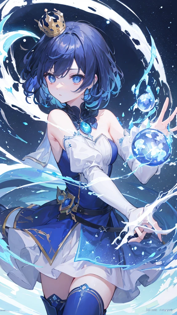 night, ((1 girl)), Solitary, masterpiece, 8k wallpaper, high resolution, absurd, High quality background, short hair, Black Hair, Multi-colored hair, Beautiful frozen village, (round bright moon), Blue Dress, Detailed dress, Jewelry Dress, (magic:1.2), blue fire, blue eyes, Glowing eyes, fire, Goddess of Ice, (Blue detailed beautiful crown), electricity, blue electricity, Blue light particles