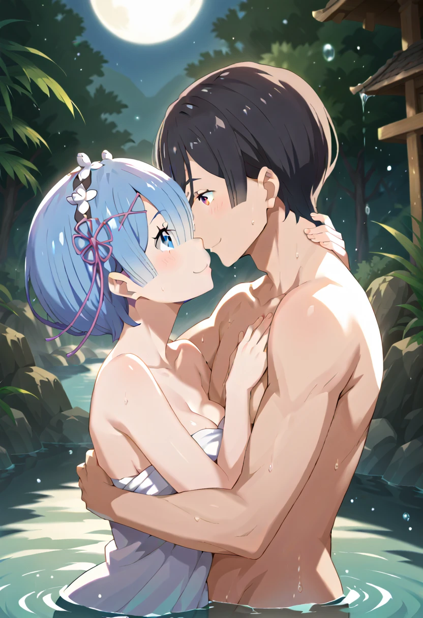  Max Image、 High Quality 、18 years old、 1 girl,  1 boy ,masterpiece,Woman relaxing in a hot spring ,Towel Naked、A naked man is hugging a woman and having sex, Deep Kiss,(Rem Rem  / Re:Zero), soaking up to the shoulder、,Looking up at the moon、 bright smile next to the gorilla,Assatis FIDE LOOK , beautiful inspirational light,Graceful water flow, Pleasant atmosphere ,Quiet and calm background、The brightness of the moonlight,   perfect lighting , 、Bokeh,  the depth of the border is written ,  blurry background,、red eyes、
