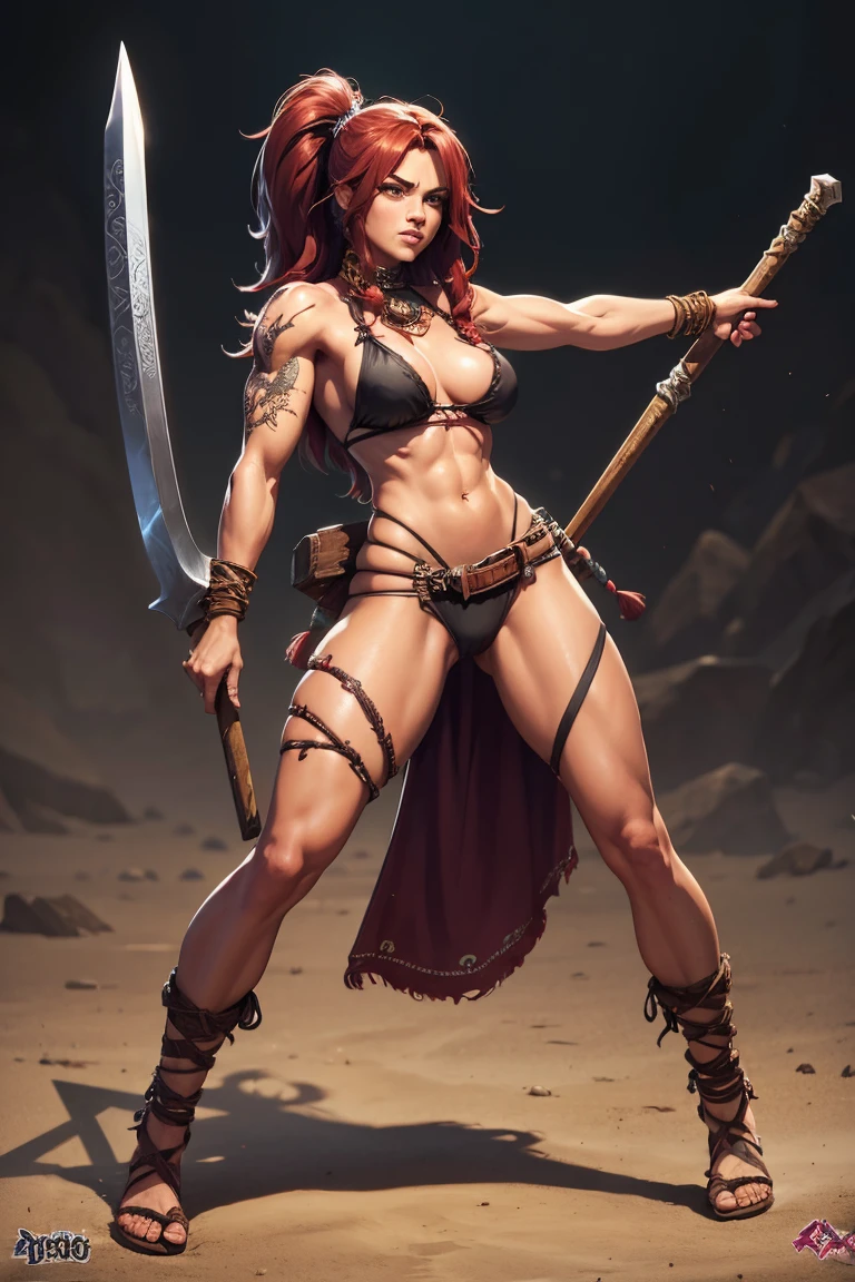 Art inspired by John Buscema’s stroke. 1girl enjinight, solo, red armor, sword, wide hips , barbarian_woman armor, armor, anime style, portrayed in a detailed and perfect manner.