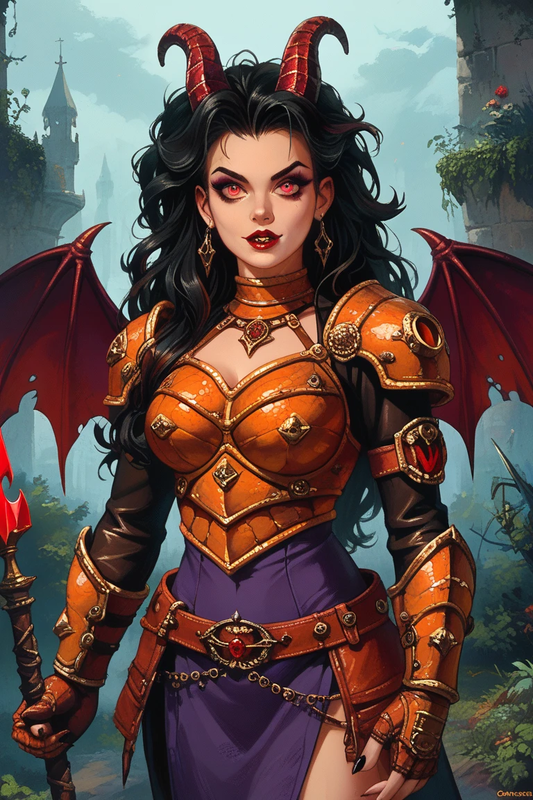 Black hair, spiky hair, extremely long hair, demonic female, demon horns, bat wings, magenta robes, purple tunic, black and orange leather armor, thief armor, rogue armor, spiky armor, solo, fantasy, female demon, snake skin, mottled ochre skin, black spotted skin, scaly skin, goat pupils, sinister expression, villainess, evil woman, demonic appearance, sinister appearance, monstrous appearance, tribal accessories, gothic accessories, red lance, goat pupils, full armor