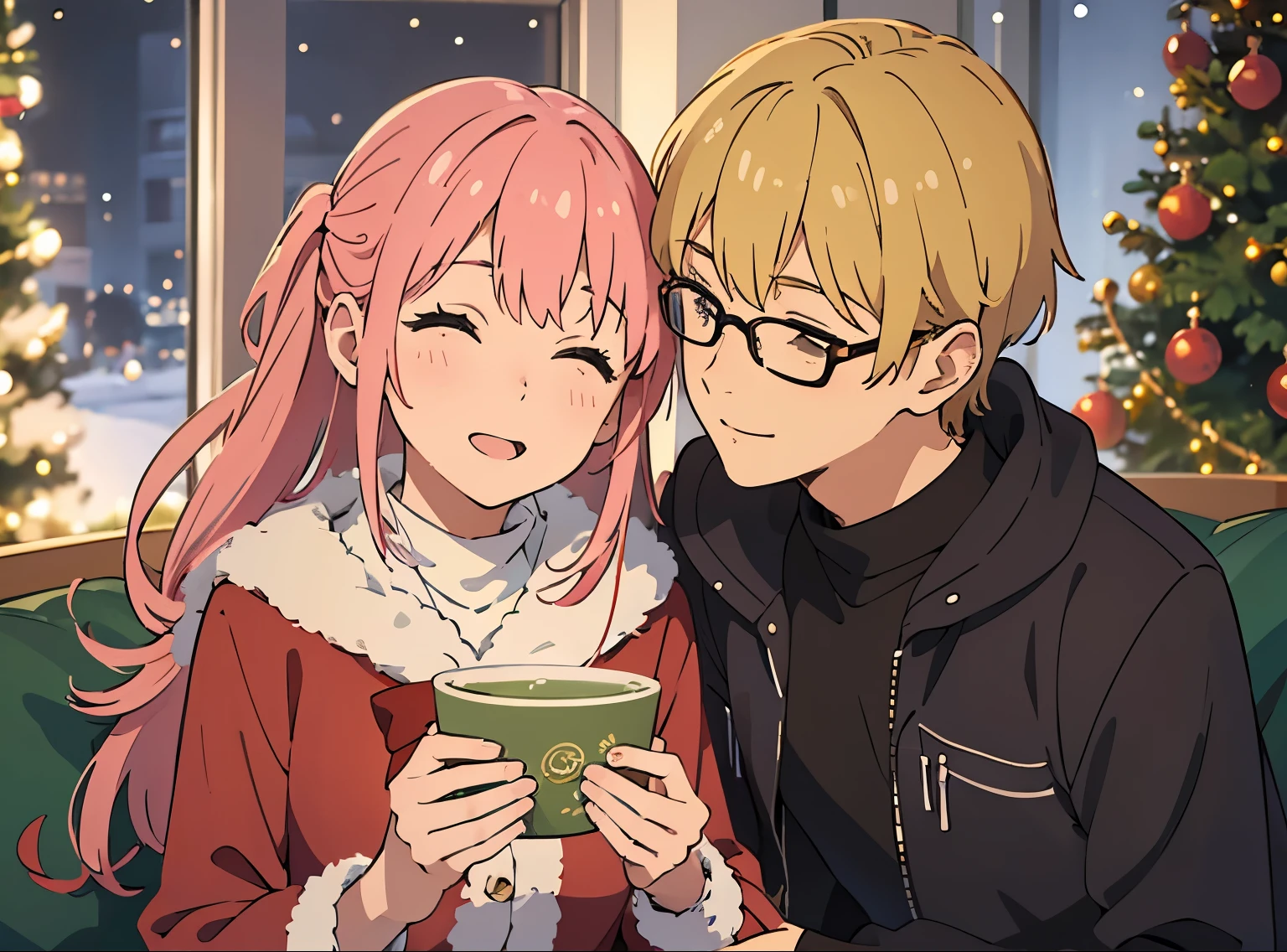 detailed romantic couple, beautiful young girl and boy, warm cozy winter scene, christmas tree, snow, fairy lights, soft lighting, pastel colors, anime art style, studio ghibli, highly detailed, 8k, photorealistic, girl blonde hair red glasses 1 braid, head down, eyes closed, happy, smiling 