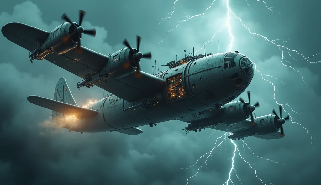 Realistic, theme is "steampunk", huge airplane powered by steam, round silhouette, complex design of fuselage, biplane, multiple large propellers, flying in thunderclouds, retro sci-fi, sophisticated design, advanced lighting technology, live-action photo 8K quality