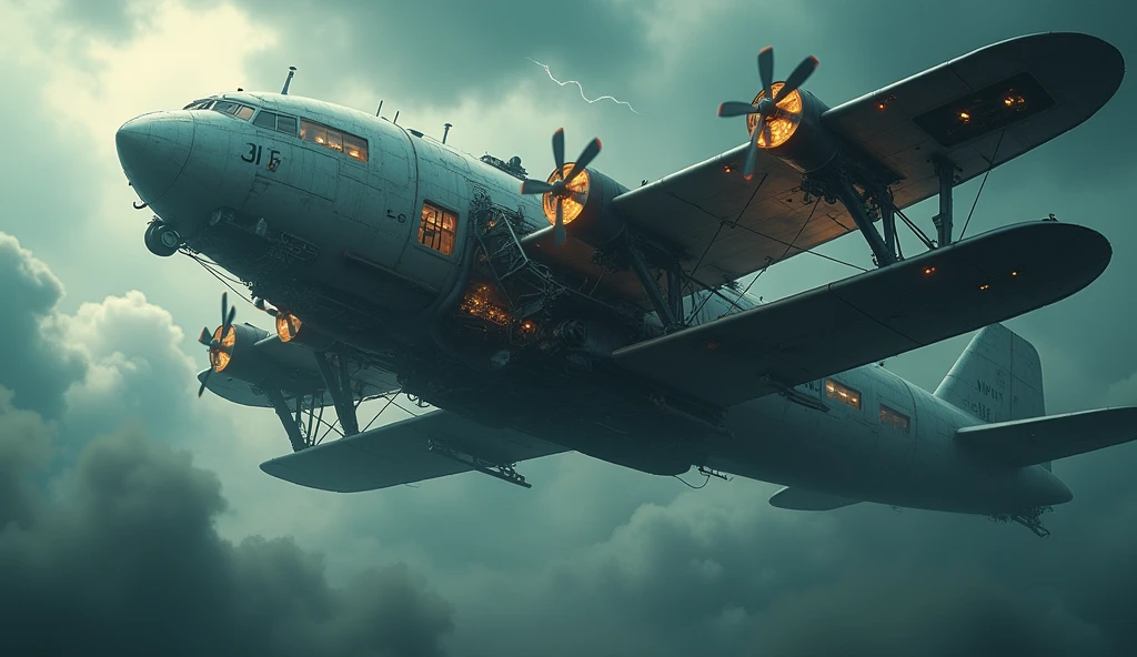 Realistic, theme is "steampunk", huge airplane powered by steam, round silhouette, complex design of fuselage, biplane, multiple large propellers, flying in thunderclouds, retro sci-fi, sophisticated design, advanced lighting technology, live-action photo 8K quality