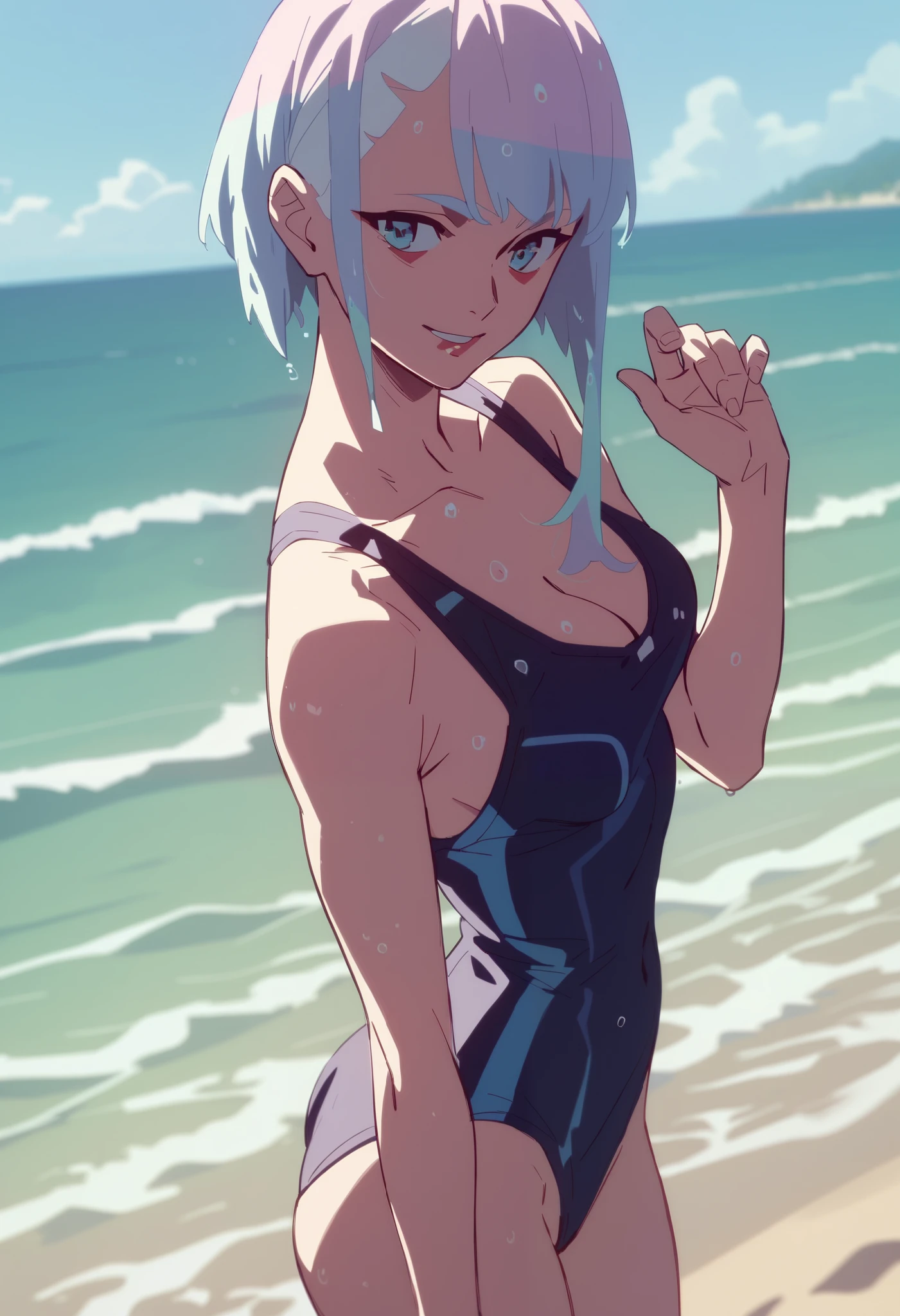 score_9, score_8_up, score_7_up, score_6_up, score_5_up, score_4_up,standing,smile,swimsuit,detailed,beach,waves,wet hair, cleavage medium breast, 1girl, luc13dg3runn3r, short hair, bangs, multicolored hair, makeup, blue eyes, sex pose