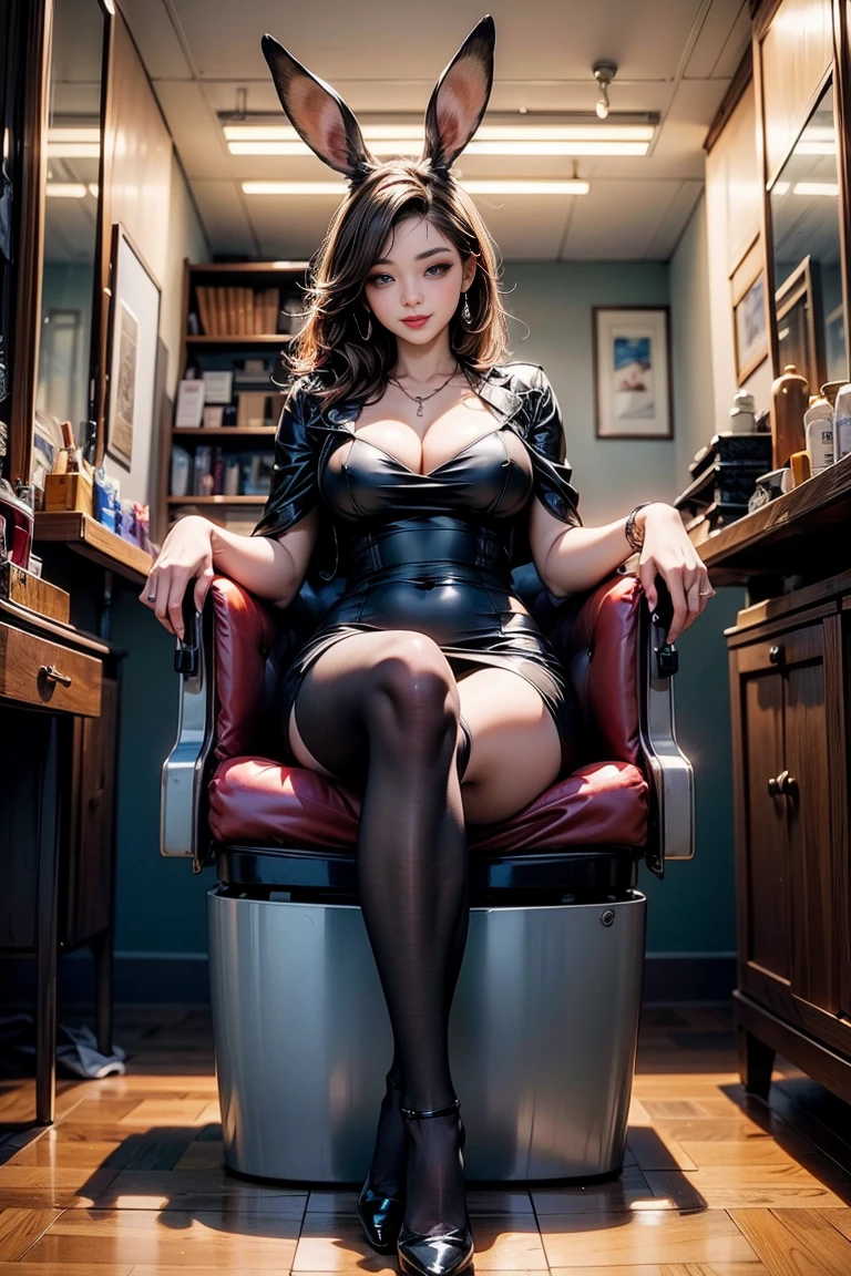 ( New York barbershop in Brooklyn ), window, mirror, (Retro barber chair), ((Antique barber chair)), Portrait poster, Faded brick wall, High Quality , masterpiece, ((「Rabbit」Neon sign with the letters)), (A barber pole hanging on the wall), 一人の26 years oldKorean女性, (((彼女は黒いLuxury Dressを着ている))),  sexy woman , Korean, ( beauty), Beauty, ( beautiful feet), Beautiful Hair,  brown hair ,  long hair on background, Whitening skin, ( she's wearing high heels ), (（(彼女は足に black stockingsを履いている)）), (( black stockings、stockings)), (pale skin), ( face), Beautiful eyes, smile, cosmetics, pink Cheek, red lips, mascara,  Eye Shadow ,  lip gloss, (Moisturized lips), A gold necklace around the neck,  full body shot, Woman with legs crossed, 26 years old, (大きなsmile), (Koreanの顔), ( tall women), ( long legs ), Chest 83, Waist 55, Hips 85 , G30, (Ultra Realistic), Sit in a retro barber chair, bodycon dress,  curvy body , (Attractive feminine curves), (Woman with legs crossed), ((Antique barber chairの上に足を組んで座る女性)), ( realなイメージ),  Clear Images , (最 High Quality ), masterpiece,  super high resolution,( real:1.4),  original photos,  Photorealistic , Luxury Dress