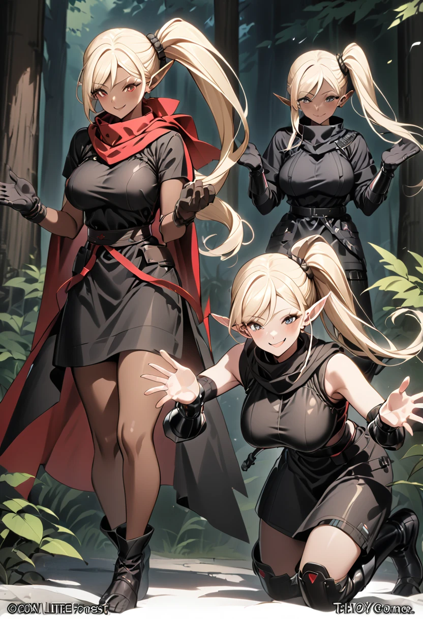 ( top quality、 detailed images、Beautiful images、 official images )、((Deep in the forest))、( model body type、Blonde、 asymmetrical bangs、 side ponytail hair、short pointed ears 、 Big Breasts 、 brown skin)、(Smile a little)、( muffler and hold out a )、(black ninja costume 、Black Gauntlets、Black shin guards、 red muffler、 black boots、 Black Gloves )、 Dynamic Pose 、run、Open Your Palms 