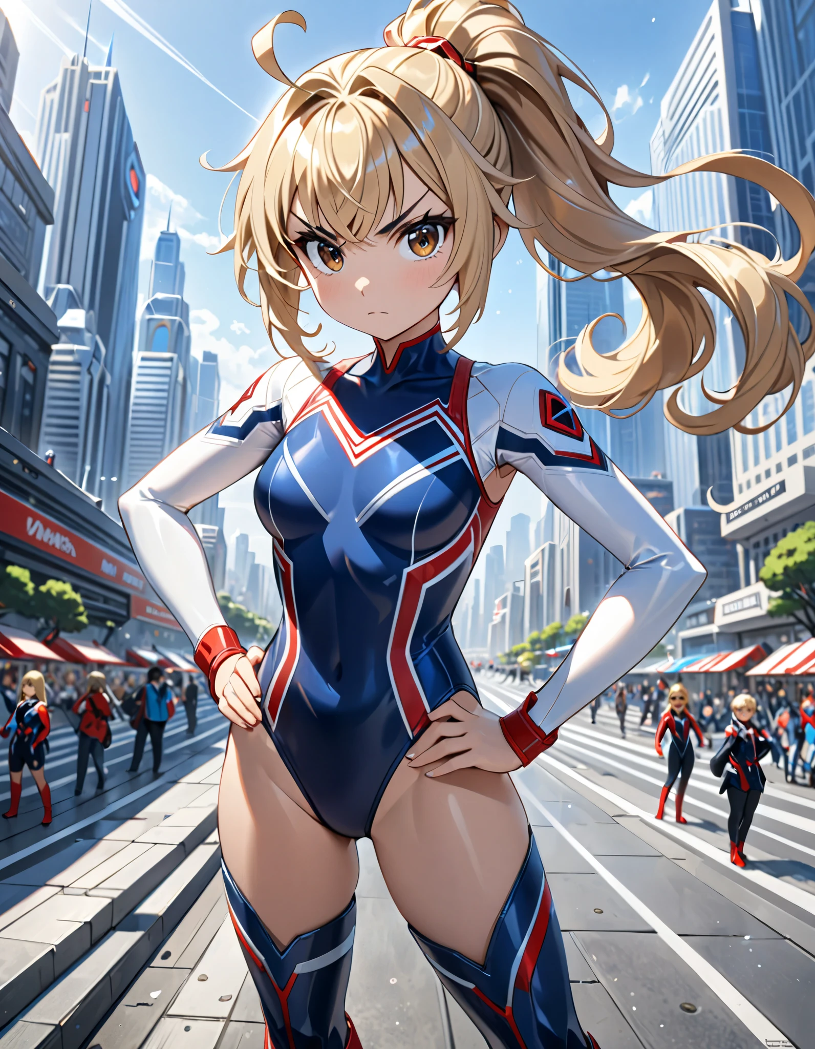 (masterpiece), (best quality), (high res), highly detailed, professional, 1girl, solo, solo focus, wonder, superhero, anime style, serious, v-shaped eyebrows, perfect hands, complete fingers, (white elastic sleeves:1.4, leotard, navy blue leotard, competition swimsuit), blonde hair, ahoge, medium breasts, brown eyes, beautiful detailed eyes, cute eyes, cute face, long hair, looking at viewer, medium breasts, (ponytail:1.2), (red boots, thigh high boots), hand on hip, cowboy shot, city backdrop. fix hands. full body with costume.