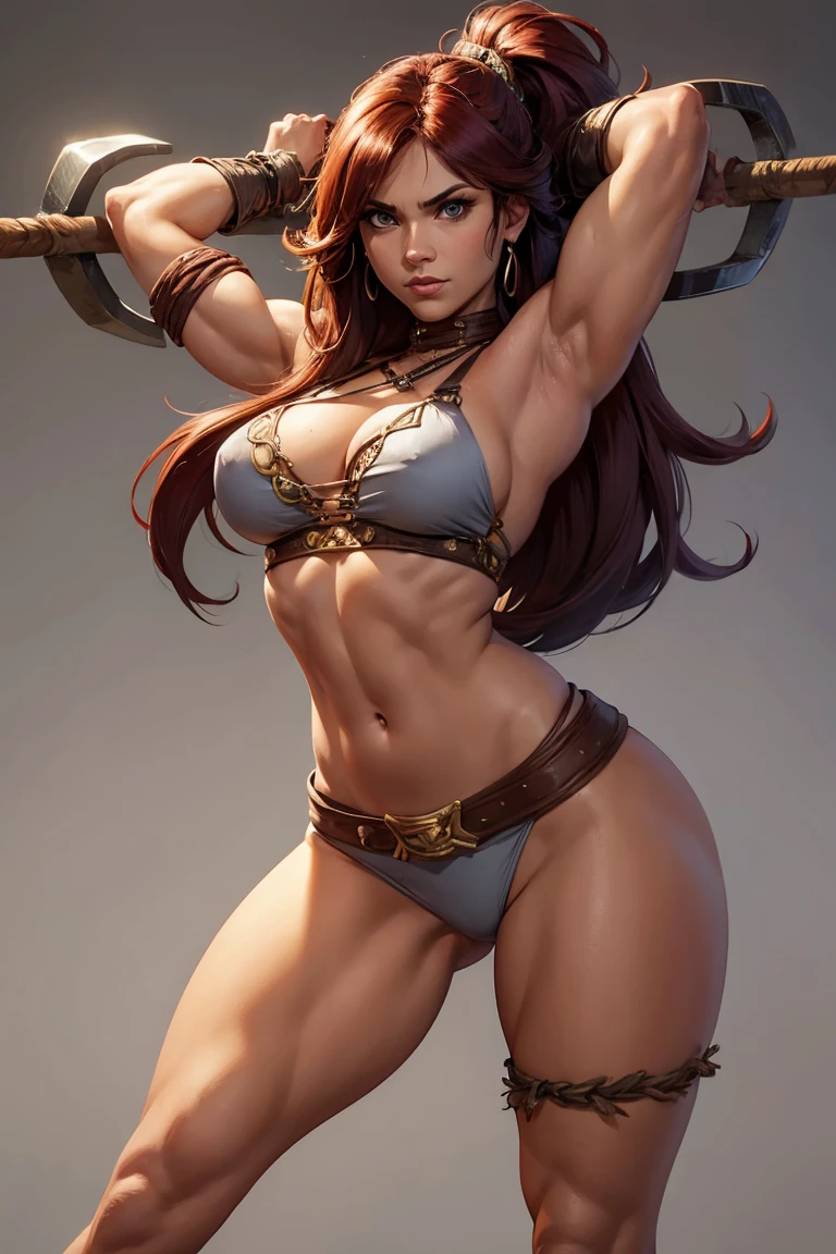 Harley Quinn, youthful, beautiful, standing with her hammer, completely naked, large breasts, brown hair , laughing, naked breasts visible, full body view, head to toe, front view, butt visible, daylight, realistic, shade lights, high resolution, by Louis Royo, by Boris Vallejo, by Frank Frazetta