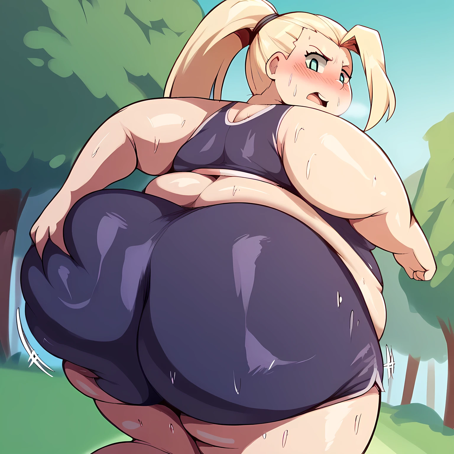 score_9, score_8_up, score_7_up, source_anime, ino yamanaka, long hair, blonde hair, ponytail, high ponytail, blue eyes,, dolphin shorts, shorts,, outdoors, running, sweat, open mouth, sports bra, cleavage, navel, midriff, ponytail,, , cowboy shot, dutch angle huge ass, fat, chubby, obese, open mouth, out of breath, absurdres, highres icon, rating:General, confused, blush,, {flustered}, nervous sweating, portrait, pov ass, hand on another's ass, averting eyes, [looking away], straight-on, from behind, swollen face, bulging belly, looking back at viewer, ass grab, masterpiece, best quality, ultra-detailed, high resolution, 8K, 