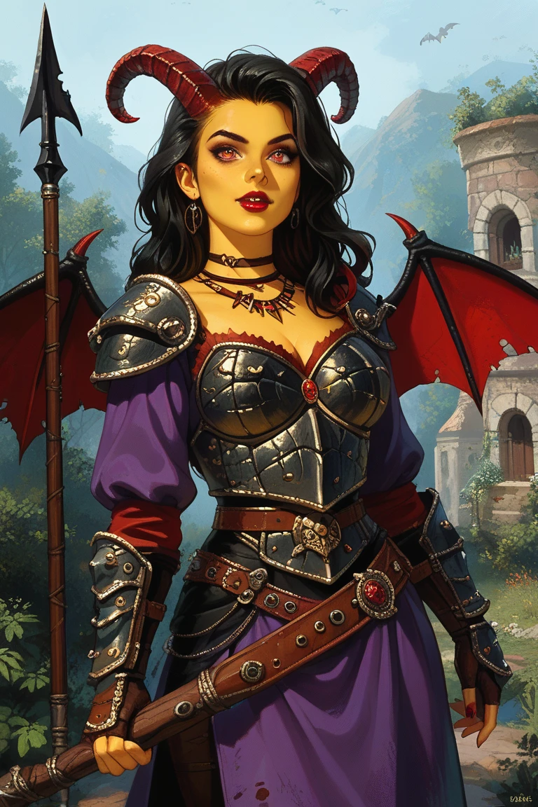 Black hair, spiky hair, extremely long hair, demonic female, demon horns, bat wings, magenta robes, purple tunic, black leather armor, thief armor, rogue armor, tribal armor, spiky armor, solo, fantasy, female demon, snake skin, scaly pastel yellow skin, black spots, scaly skin, goat pupils, sinister expression, villainess, evil woman, demonic appearance, sinister appearance, monstrous appearance, tribal accessories, red halberd, goat pupils, full armor, medieval armor, tunic, robes