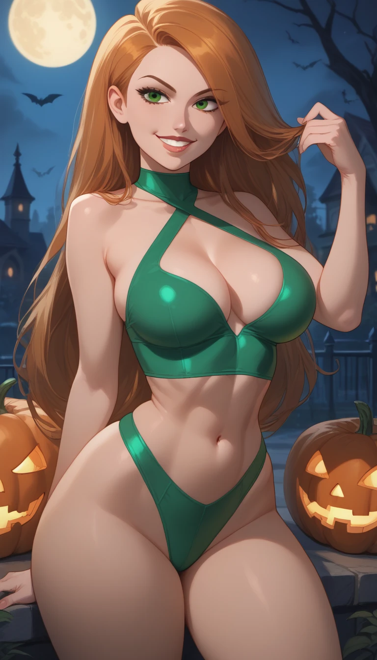 perfeita , kim possible,tricolor swimsuit  (therefore, yellow and red:1.0)) , long hair, green eyes, smile,, thick thighs ,Dynamic pose,smile, Big breasts , vibrant colors,cemetery background ,,   lipstick and lip gloss ,very sexy,detailed hair,detailed eye , Halloween 