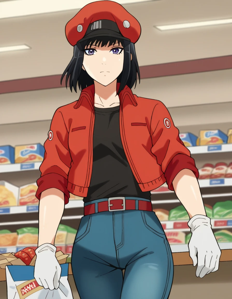 score_9, score_8_up, score_7_up, source_anime, red blood cell nt4201, short hair, black hair, purple eyes,, shirt, gloves, hat, jacket, belt, pants, white gloves, black shirt, denim, red headwear, red jacket, jeans, cabbie hat,, grocery store, cashier, shopping bag, scanning items, small talk, everyday routine, , looking at viewer, arm resting on table, solo,, cowboy shot, dutch angle