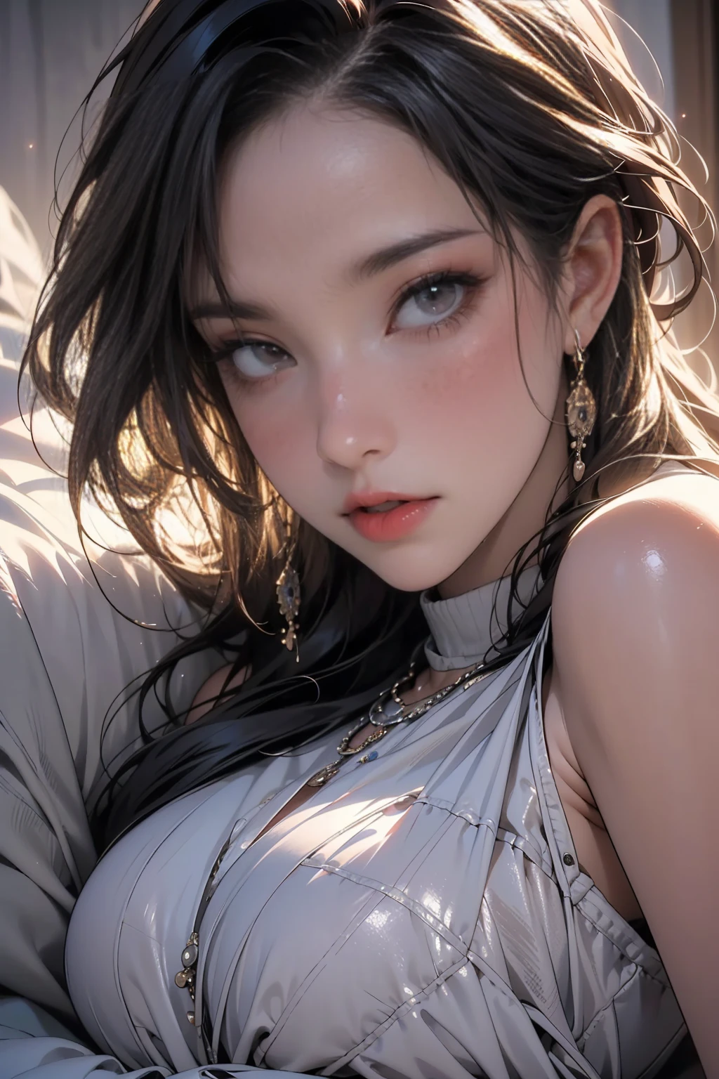 a mature 40s female teacher, beautiful detailed eyes, beautiful detailed lips, extremely detailed face and skin, long hair flowing down shoulders, teasing smile, bedroom interior, satin panties, looking back coyly, (best quality,4k,8k,highres,masterpiece:1.2),ultra-detailed,(realistic,photorealistic,photo-realistic:1.37),beautiful lighting,dreamy atmosphere,cinematic,high quality portrait,elegant,sensual,provocative a snowy winter landscape in siberia, snow covered pines, frozen lake, beautiful detailed sky, dramatic lighting, highly detailed, (best quality,4k,8k,highres,masterpiece:1.2),ultra-detailed,(realistic,photorealistic,photo-realistic:1.37),stunning scenery, soft lighting, atmospheric, cinematic composition, muted color palette, cold tones