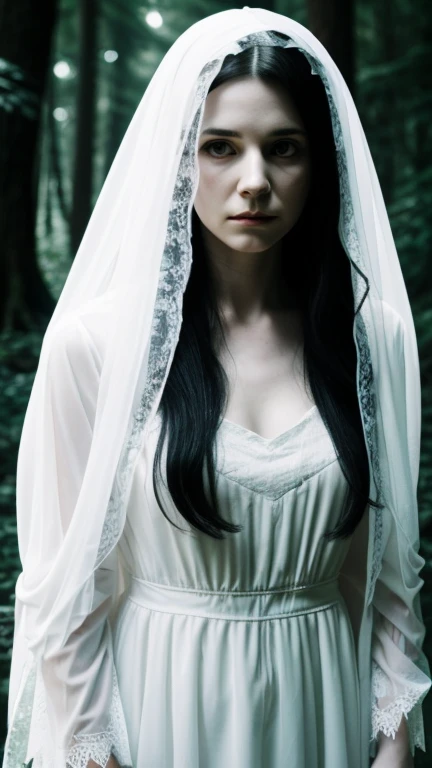 In this surrealistic avant-garde portrait, Edna Smith, with a moonlit forest as her backdrop, emerges as a mysterious woman whose porcelain complexion glows like a ghostly apparition while she strikes a dramatic pose against the twisted and gnarled tree branches, eyes fixed intently on the camera lens through the tangled silver hair veil that frames her face, wearing a flowing gown with an ethereal, iridescent quality shifting in hues just like the moonlight itself, captured from a low worm's-eye view, looking up at Edna as if emerging from within the very roots of the forest floor itself. <lora:lopvyp18f540f027fsca4:1>
