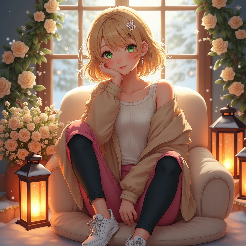 girl sexy, Charming, beautiful,  perfect anatomy ,  Beautiful facial features, goddess,  blond hair ,  Short hair ,  beautiful green eyes , bright smile,  small blush ,  hair clip beautiful small in the shape of a small flower and handsome,  Small earrings ,  Dressed in a Soft Sweater with a Jacket ,  Pink and Black Soft Pants ,  beautiful sneakers ,  full height,  Sits on a Soft Chair with a Bouquet of delicate flowers smile , It&#39;s snowing,  Beautiful Winter Evening ,  Small beautiful lanterns with garlands , Beautiful colors , rich colors ,  best quality , 16K,  masterpiece fails,  maxim of details ,  complex , 