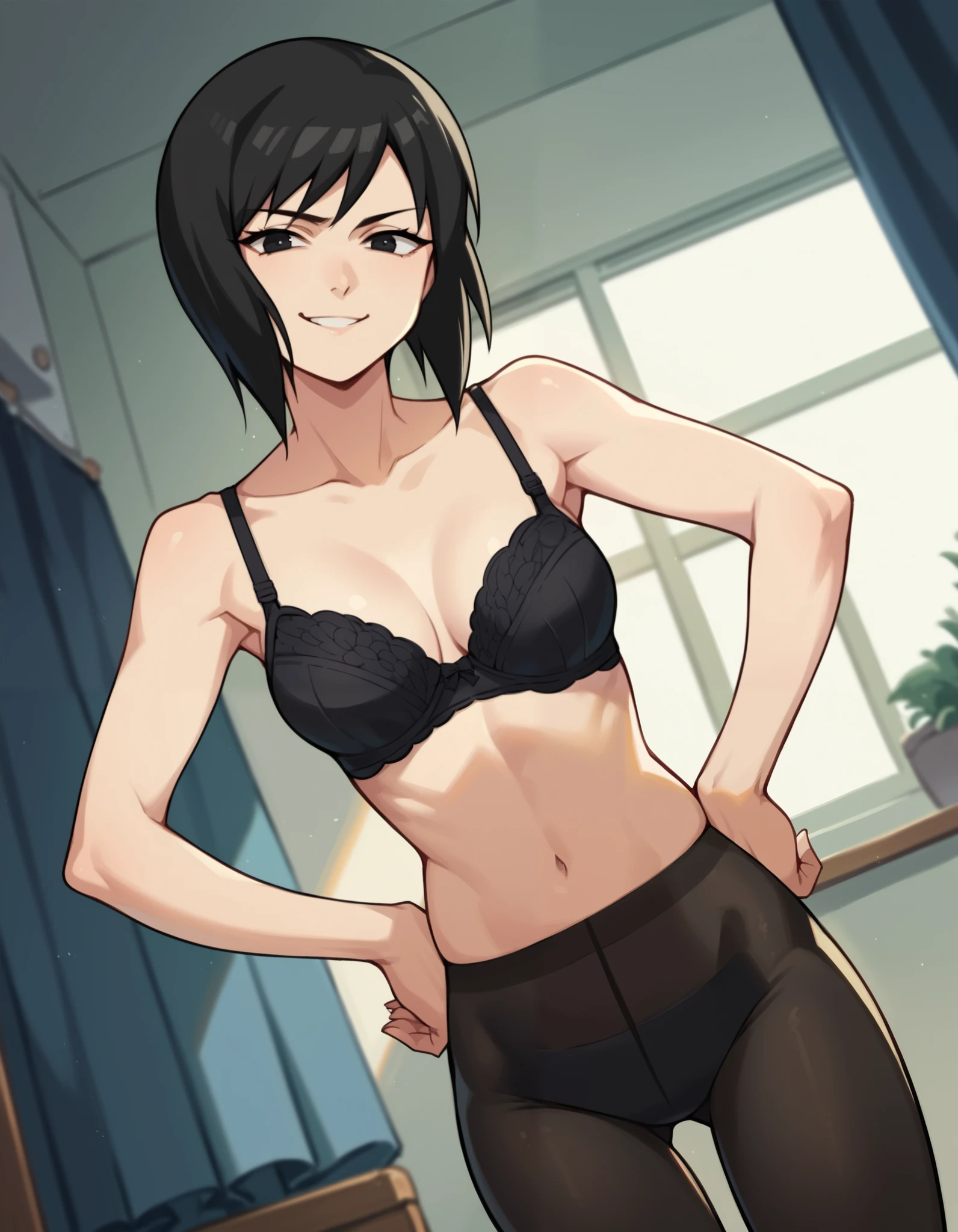 score_9, score_8_up, score_7_up, source_anime,
shizune, short hair, black hair, black eyes, medium breasts,,
bra, ((black pantyhose)),
indoors, smug, smile, looking at viewer, solo, hands on hips,, cowboy shot, dutch angle