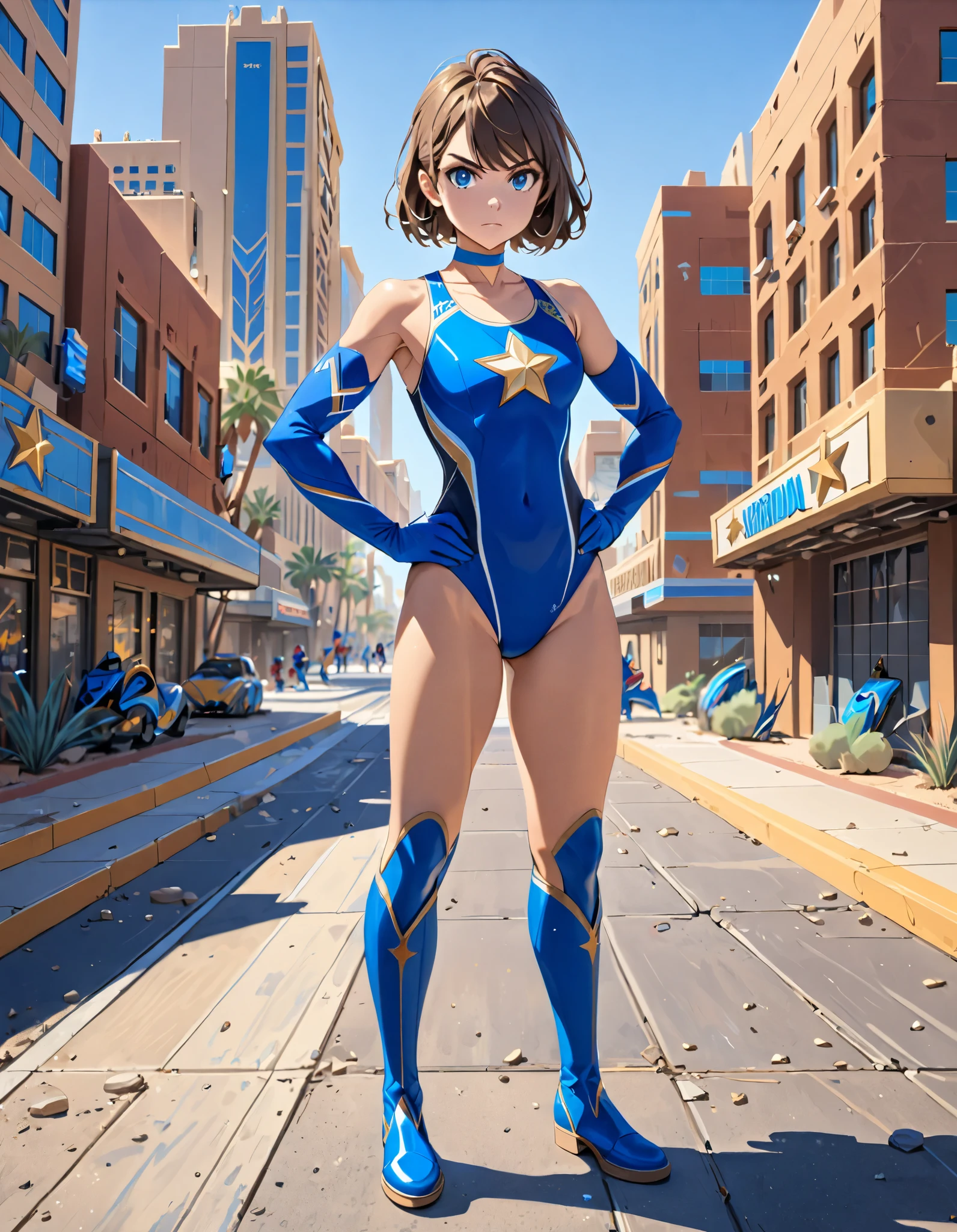 Masterpiece, Best Quality, High Resolution, highly detailed, professional, 8k, 1girl, tall body, wonder, superhero, blue choker, blue eyes, blue footwear, blue gloves, matching boots, (blue leotard, competition swimsuit, (gold star symbol on her chest:1.2), (elastic sleeves:1.4), bare legs), medium breasts, brown hair, (knee boots:1.2), short hair, bob hair, solo, determined, serious, college-age adult female, cowboy shot. Arizona city street backdrop. Full-body costume design. (hands on hip:1.2), fix hands.