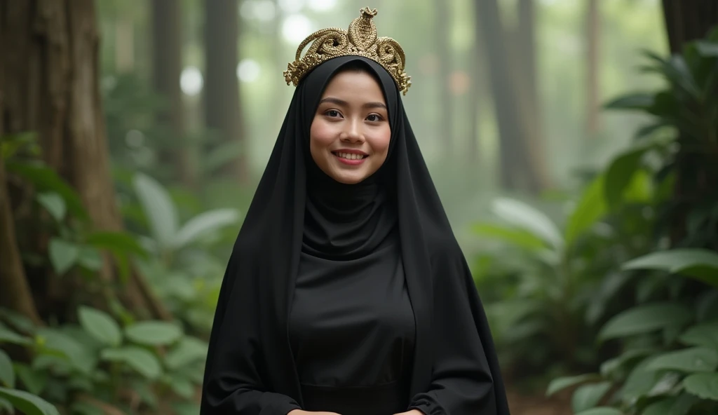 ((realistic photo)) A 25-year-old beautiful Indonesian woman with a friendly expression, standing gracefully in a dense jungle during the early morning. She wears an all-black traditional Javanese outfit, complemented by a flowing black shawl, exuding elegance and poise. On her head rests a golden crown intricately shaped like a snake, adorned with ornate golden details that shimmer subtly under the soft morning light. The jungle backdrop features thick greenery and mist, creating a serene yet majestic atmosphere. Camera angle: medium shot, front view, capturing her full attire and detailed facial features. Lighting: natural soft morning light with slight mist diffusion. Rendered in (((8K resolution))), (((highly detailed textures))), HDR quality, with sharp focus for lifelike realism.