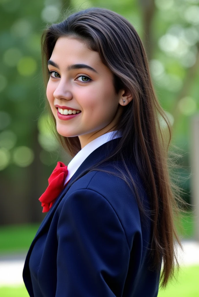 (very realistic photography),(masterpiece, best quality:1.3), 1girl, (alone), from just her side, her beautiful profile,
((young Jennifer Connelly)),(at ),
from the top of her head to her waist,
she wear in tidy dark blue high school blazer uniform and immaculate shirt with blilliant red bow tie.,Nogizaka46 style uniform,
with cute face with plump cheeks,
wet eyes, 
scooped nose arched high with a turned-up tip,
no make up,
flawless healthy youthful fresh succulent fine smooth oily white skin,
with precocious female body with precociously large blreasts and broad wide shoulders, 
a bit wet shiny long dark hair fluttering,
smiling naughtily to someone,
She is in sunny outdoor under with bright natural light illuminating on her face,