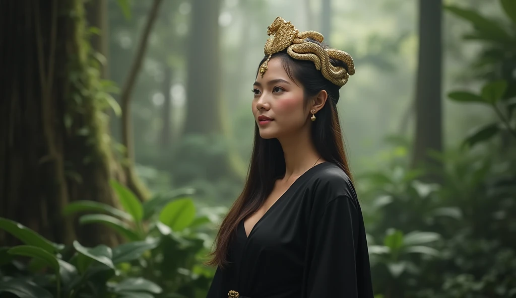 ((realistic photo)) A 25-year-old beautiful Indonesian woman with a friendly expression, standing gracefully in a dense jungle during the early morning. She wears an all-black traditional Javanese outfit, complemented by a flowing black shawl, exuding elegance and poise. On her head rests a golden crown intricately shaped like a snake, adorned with ornate golden details that shimmer subtly under the soft morning light. The jungle backdrop features thick greenery and mist, creating a serene yet majestic atmosphere. Camera angle: medium shot, front view, capturing her full attire and detailed facial features. Lighting: natural soft morning light with slight mist diffusion. Rendered in (((8K resolution))), (((highly detailed textures))), HDR quality, with sharp focus for lifelike realism.