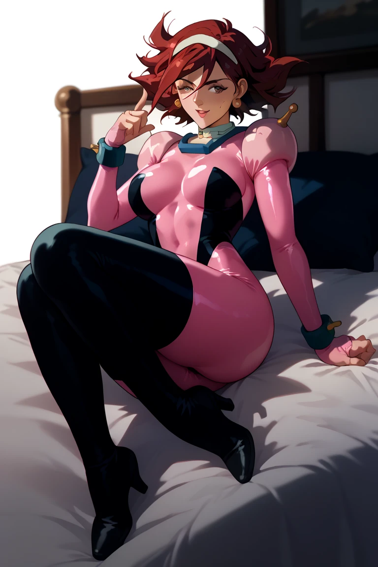 black and pink full body suit　skin tight bed　  　　   invited position 　 sexy　     showing private parts 　 open thighs　 　　　M-shaped legs　                      
   ecstatic expression　
rain mikamura dark red hair　Black leggings