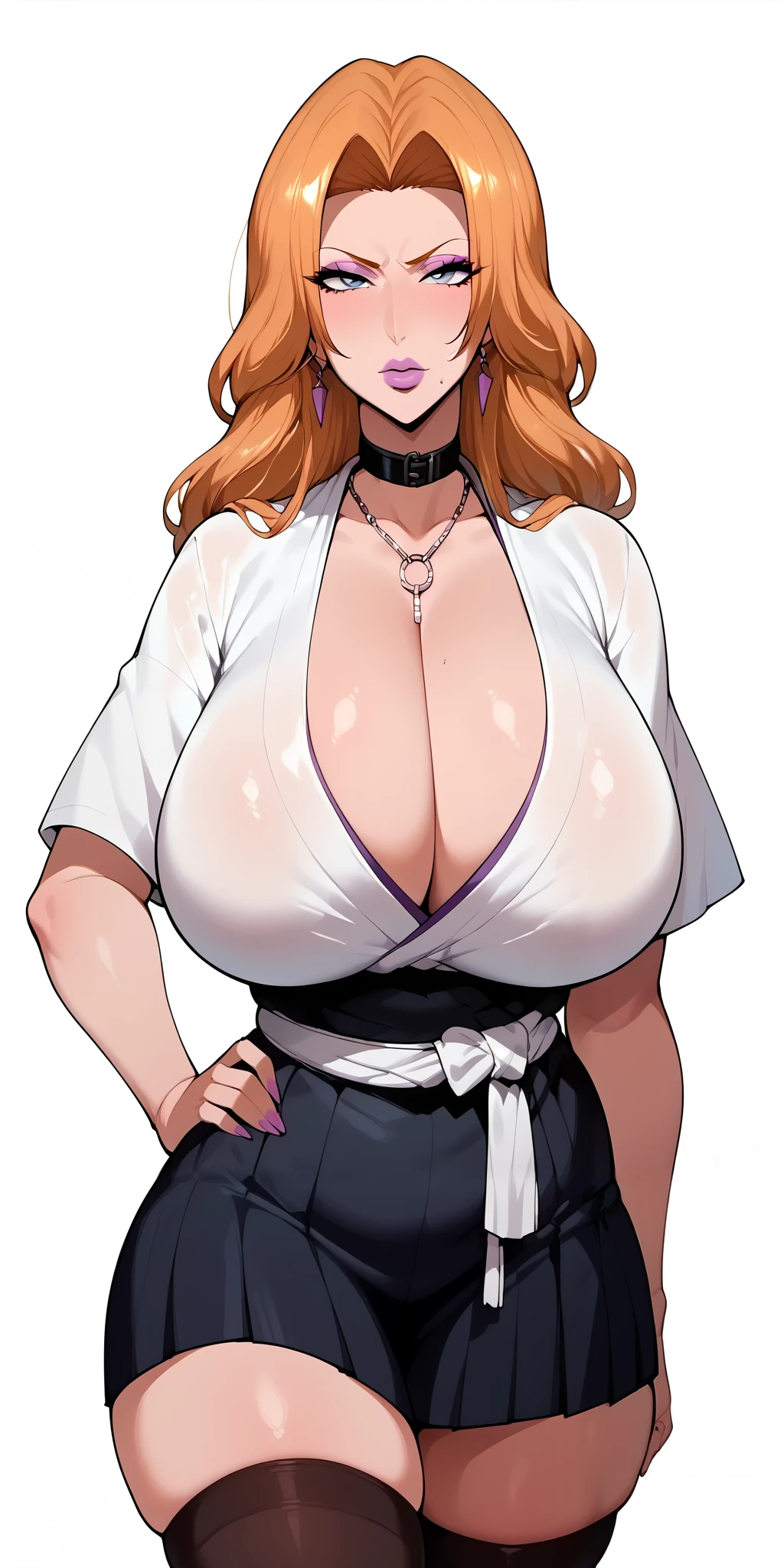 score_9,score_8_up,score_7_up,score_6_up,score_5_up,score_4_up,rating:explicit,1girl, breasts, solo,thighhighs, white background,simple background,hand on hip, cleavage,  looking at viewer, bare shoulders, thighs, covered navel,  huge breasts, thick thighs, purple lips, collarbone, wide hips, mature female, phosphor pink lipstick, plump lips, phosphor pink eyeshadow，rangiku matsumoto, long hair, orange hair,  parted bangs, skirt, shirt, cleavage, jewelry, school uniform, pleated skirt, necklace, chain, collar, short sleeves, grey skirt, white shirt, long sleeves, jewelry, japanese clothes, kimono, necklace, black kimono, hakama, black hakama, sash, white sash,milfication,mature female,milf,gigantic breasts，eyes