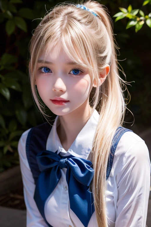  Portraits、 school uniform、Bright expression、 ponytail、Young shiny white skin、Very First 々Innocent, Cute, Best Looks 、Blonde reflection、Platinum blonde hair with highlights、 shiny bright hair ,、 Smooth, Super Long, Super Long Straight Hair 、Shiny, beautiful bangs、 Shining, Crystal Clear, Attractive, Big, Super Bright Blue Eyes、very beautiful lovely cute  girl 、Ample Bust、Healthy Skin、Round face、