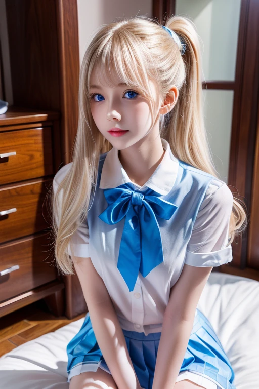  Portraits、 school uniform、Bright expression、 ponytail、Young shiny white skin、Very First 々Innocent, Cute, Best Looks 、Blonde reflection、Platinum blonde hair with highlights、 shiny bright hair ,、 Smooth, Super Long, Super Long Straight Hair 、Shiny, beautiful bangs、 Shining, Crystal Clear, Attractive, Big, Super Bright Blue Eyes、very beautiful lovely cute  girl 、Ample Bust、Healthy Skin、Round face、