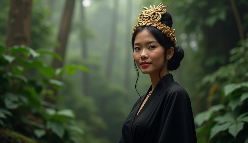 ((realistic photo)) A 25-year-old beautiful Indonesian woman with a friendly expression, standing gracefully in a dense jungle during the early morning. She wears an all-black traditional Javanese outfit, complemented by a flowing black shawl, exuding elegance and poise. On her head rests a golden crown intricately shaped like a snake, adorned with ornate golden details that shimmer subtly under the soft morning light. The jungle backdrop features thick greenery and mist, creating a serene yet majestic atmosphere. Camera angle: medium shot, front view, capturing her full attire and detailed facial features. Lighting: natural soft morning light with slight mist diffusion. Rendered in (((8K resolution))), (((highly detailed textures))), HDR quality, with sharp focus for lifelike realism.