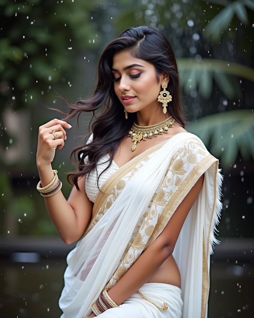Create a stunning AI-generated Indian woman, aged around 30 to 35, with features reminiscent of a Bollywood heroine. She should have a fair, smooth complexion, expressive almond-shaped eyes, and long, wavy black hair. Her face should exude elegance with a radiant smile and sharp, well-defined features. Dress her in a stylish, modern saree with intricate designs, paired with traditional jewelry like jhumkas and bangles. The background should be a vibrant urban setting with a luxurious feel, perfect for advertising high-end fashion and beauty products. Make sure her pose is confident and inviting, suitable for an Instagram influencer promoting luxury brands."