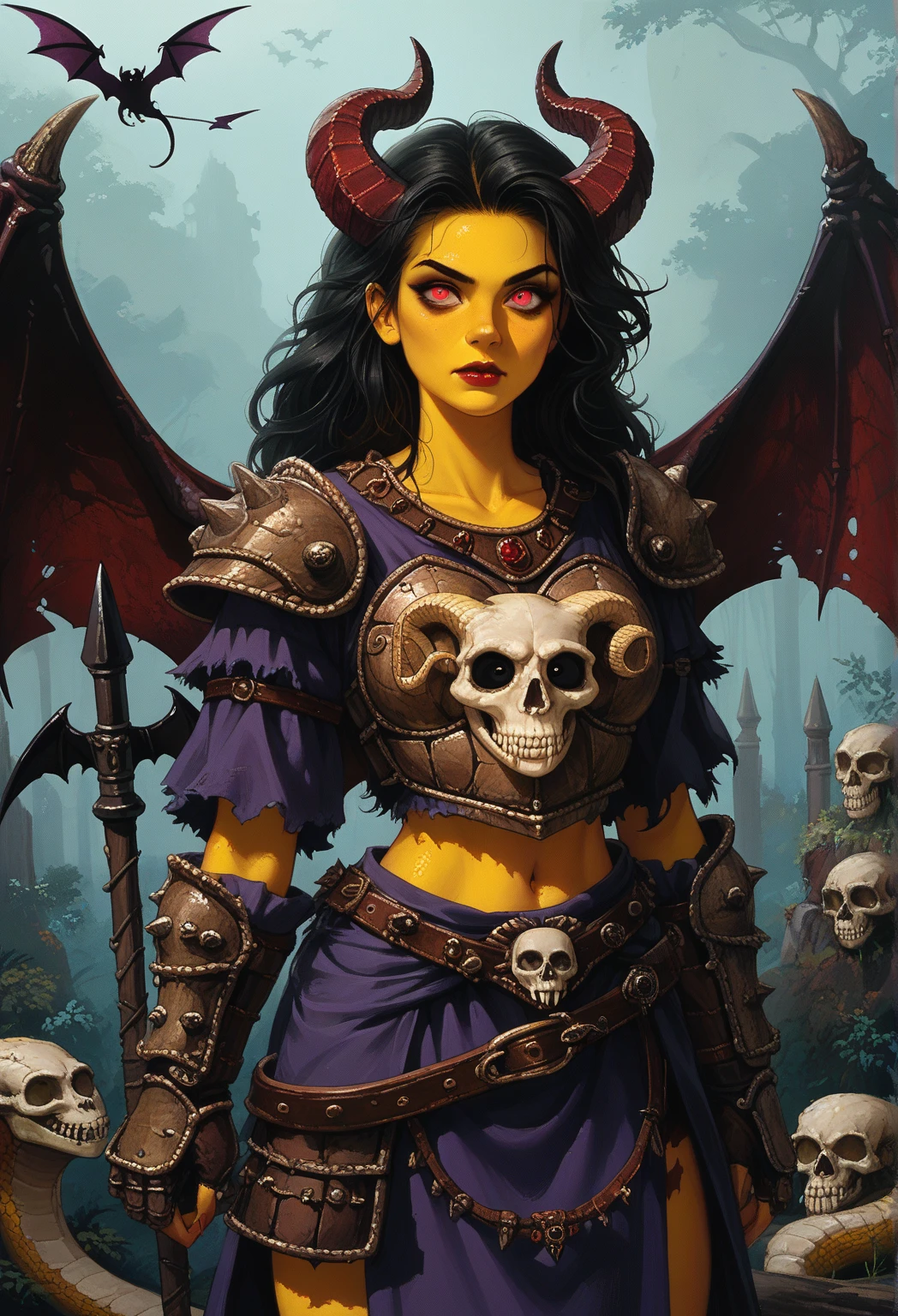 Black hair, spiky hair, extremely long hair, demonic female, demon horns, bat wings, magenta robes, purple tunic, black leather armor, thief armor, rogue armor, tribal armor, spiky armor, solo, fantasy, female demon, snake skin, scaly pastel yellow skin, black spots, scaly skin, goat pupils, sinister expression, villainess, evil woman, demonic appearance, sinister appearance, monstrous appearance, tribal accessories, red halberd, goat pupils, full armor, medieval armor, tunic, robes, armored woman, demon armor with skulls, evil armor, demon armor, demon wings, large bat-like wings, tattered wings, skull armor, bone armor