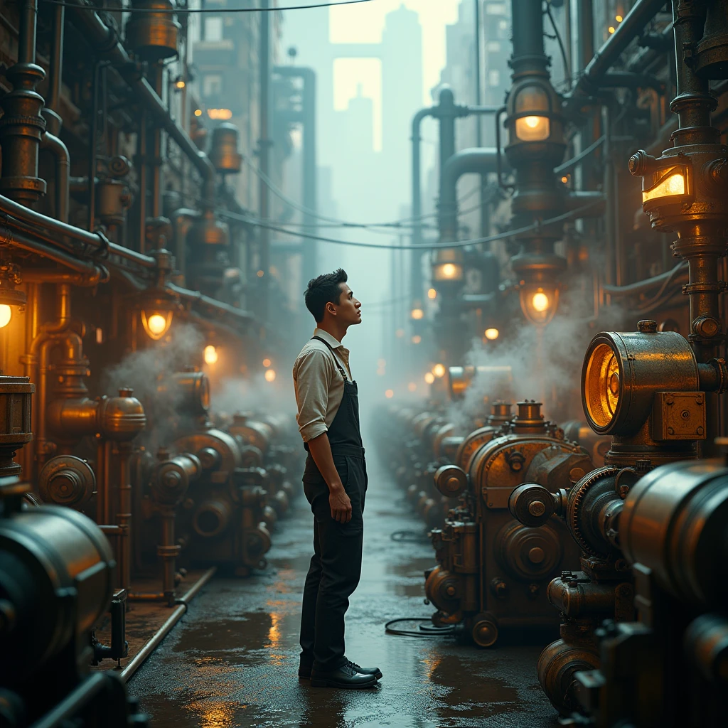 Realistic, theme is "steampunk", a three-dimensional city where everything is powered by steam, a man in retro work clothes monitors a steam power plant, focus on the man, innovative concept, steam spewing out from all over the city, retro sci-fi, sophisticated design, advanced lighting technology, live-action photo 8K quality