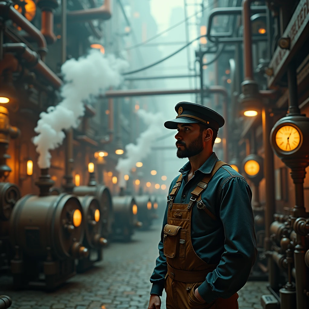 Realistic, theme is "steampunk", a three-dimensional city where everything is powered by steam, a man in retro work clothes monitors a steam power plant, focus on the man, innovative concept, steam spewing out from all over the city, retro sci-fi, sophisticated design, advanced lighting technology, live-action photo 8K quality