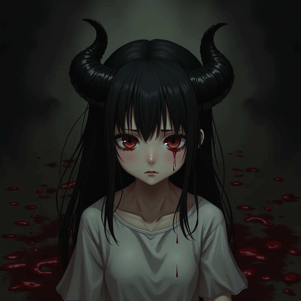 DarkSpheraStyle, outdoors, 1girl, black horns, dark clothes, portrait, beautiful face,nsfw,blood on face, blood, muted colors, dark background, <lora:DarkSpheraStyle:0.6>