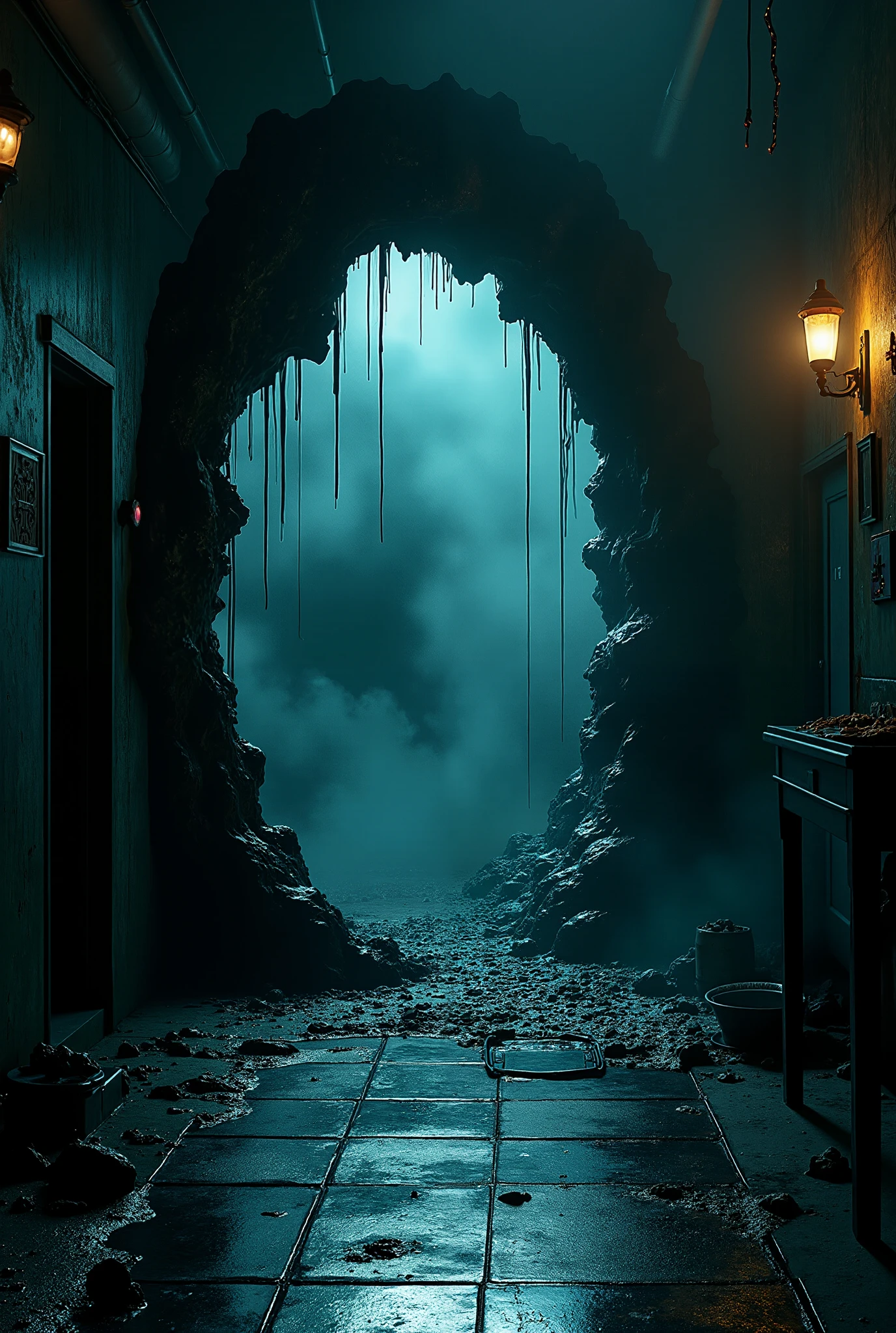 A haunting, otherworldly portal inspired by 'Stranger Things,' appearing as a dark and ominous rift in the wall of a secret underground laboratory. The portal has an organic, eerie quality, as if the very fabric of reality has torn open, revealing a dark void leading into another dimension. The edges of the rift are jagged and pulsate with a faint, sickly green and purple glow, with wisps of black mist seeping out, giving the impression of something alive and sinister beyond the threshold. The laboratory itself is dimly lit, with flickering fluorescent lights casting harsh shadows across cold metal surfaces and scattered scientific equipment.

Around the portal, strange veins and tendrils reach out as if the doorway is infecting the surrounding wall, with a slimy, viscous texture that shimmers slightly under the fluorescent light. Inside the rift, a swirling, chaotic mix of dark blues, deep purples, and hints of red creates a sense of depth and draws the viewer in, hinting at a vast, unknown world on the other side. The air around the portal seems heavy and distorted, bending light slightly and producing a faint hum, as if vibrating with energy.

The atmosphere is tense, mysterious, and filled with dread, as though crossing the portal would lead to an entirely hostile and alien environment. Every detail, from the warped shadows to the faint, unsettling sounds emanating from the portal, is depicted in high definition, with ultra-realistic textures and intricate details in a dark, cinematic color palette, capturing the ominous presence of this gateway to another dimension.