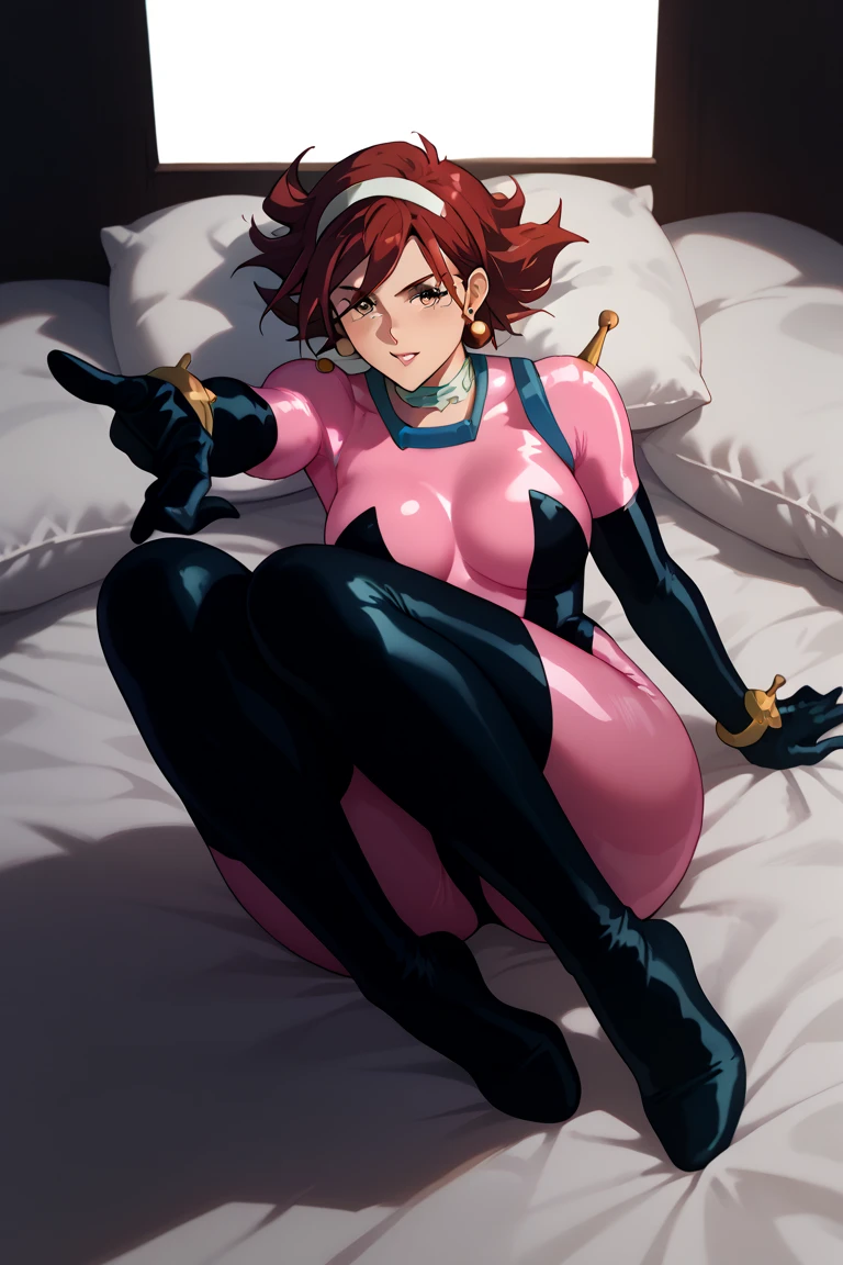 black and pink full body suit　skin tight bed　  　　   invited position 　 sexy　     showing private parts 　 open thighs　 　　　M-shaped legs　                      
   ecstatic expression　
rain mikamura dark red hair　Black leggings　　　
 black long gloves