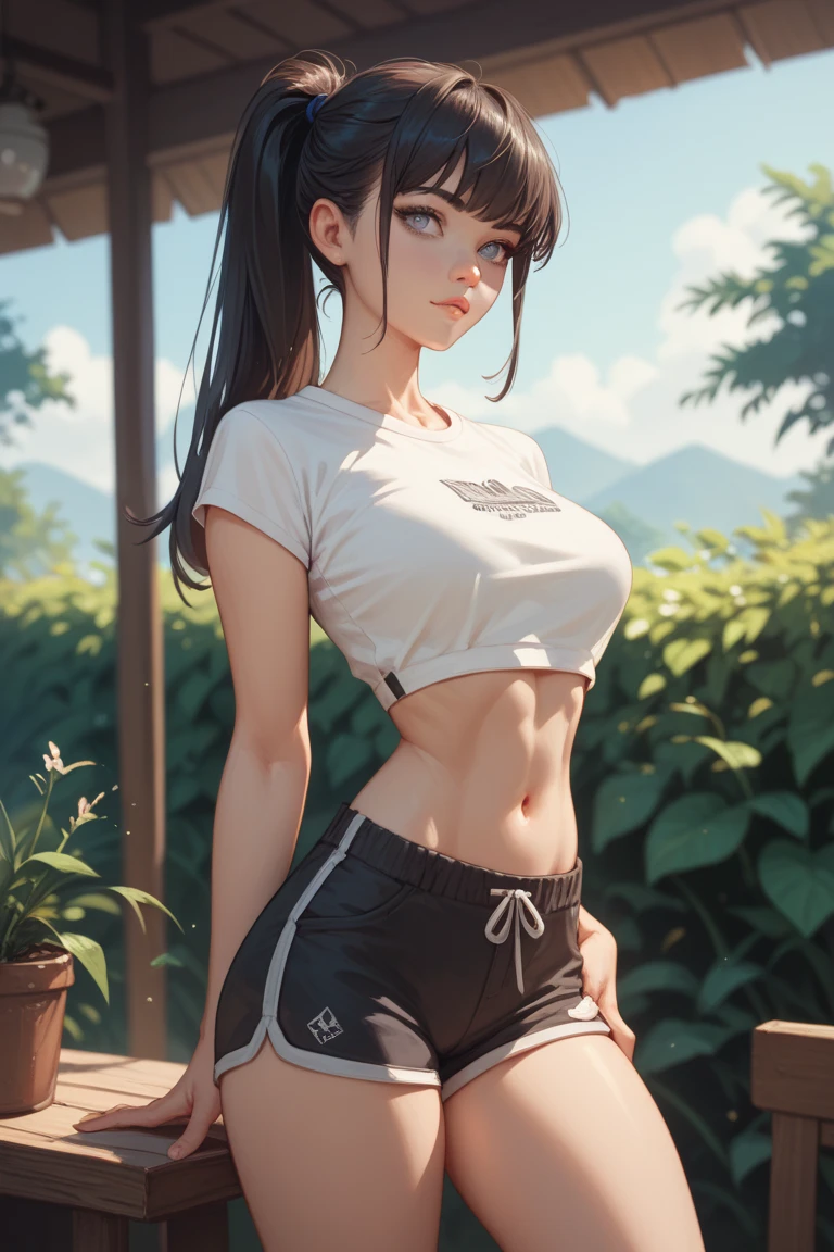  adorable . Muito Kawaii , rosto redondo . Sozinho , magro , medium breasts , baixa estatura . pele brilhante . camiseta branca lisa . shorts de saque . dynamic pose . dynamic angle . sem fundo , fundo branco , olhando para o espectador, Sombras mais escuras, (((Ultra sharp)))