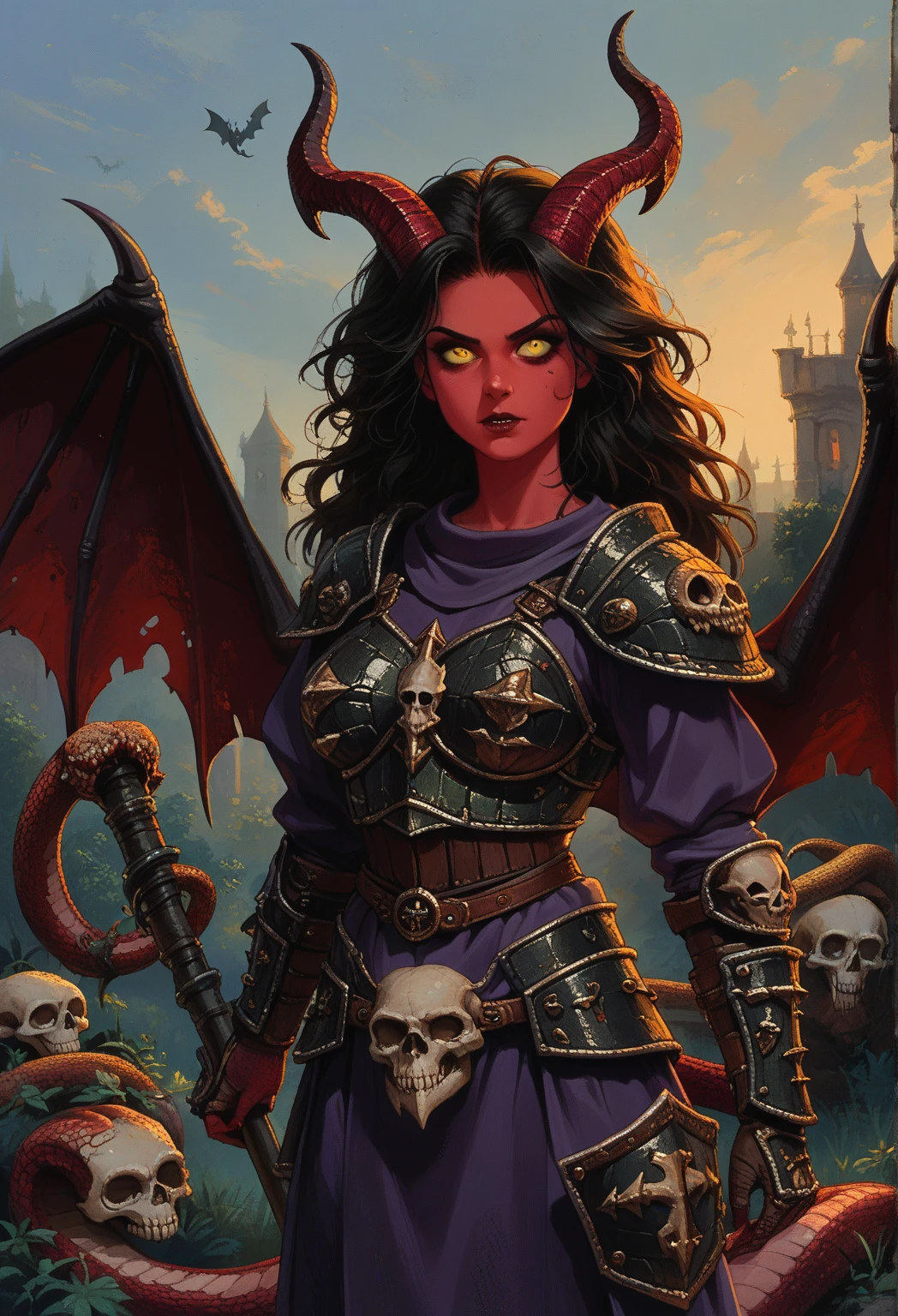 Black hair, spiky hair, extremely long hair, demonic female, demon horns, bat wings, magenta robes, purple tunic, black leather armor, thief armor, rogue armor, tribal armor, spiky armor, solo, fantasy, female demon, snake skin, scaly copper skin, black spots, scaly skin, goat pupils, sinister expression, villainess, evil woman, demonic appearance, sinister appearance, monstrous appearance, tribal accessories, red halberd, goat pupils, full armor, medieval armor, tunic, robes, armored woman, demon armor with skulls, evil armor, demon armor, demon wings, large bat-like wings, tattered wings, skull armor, bone armor