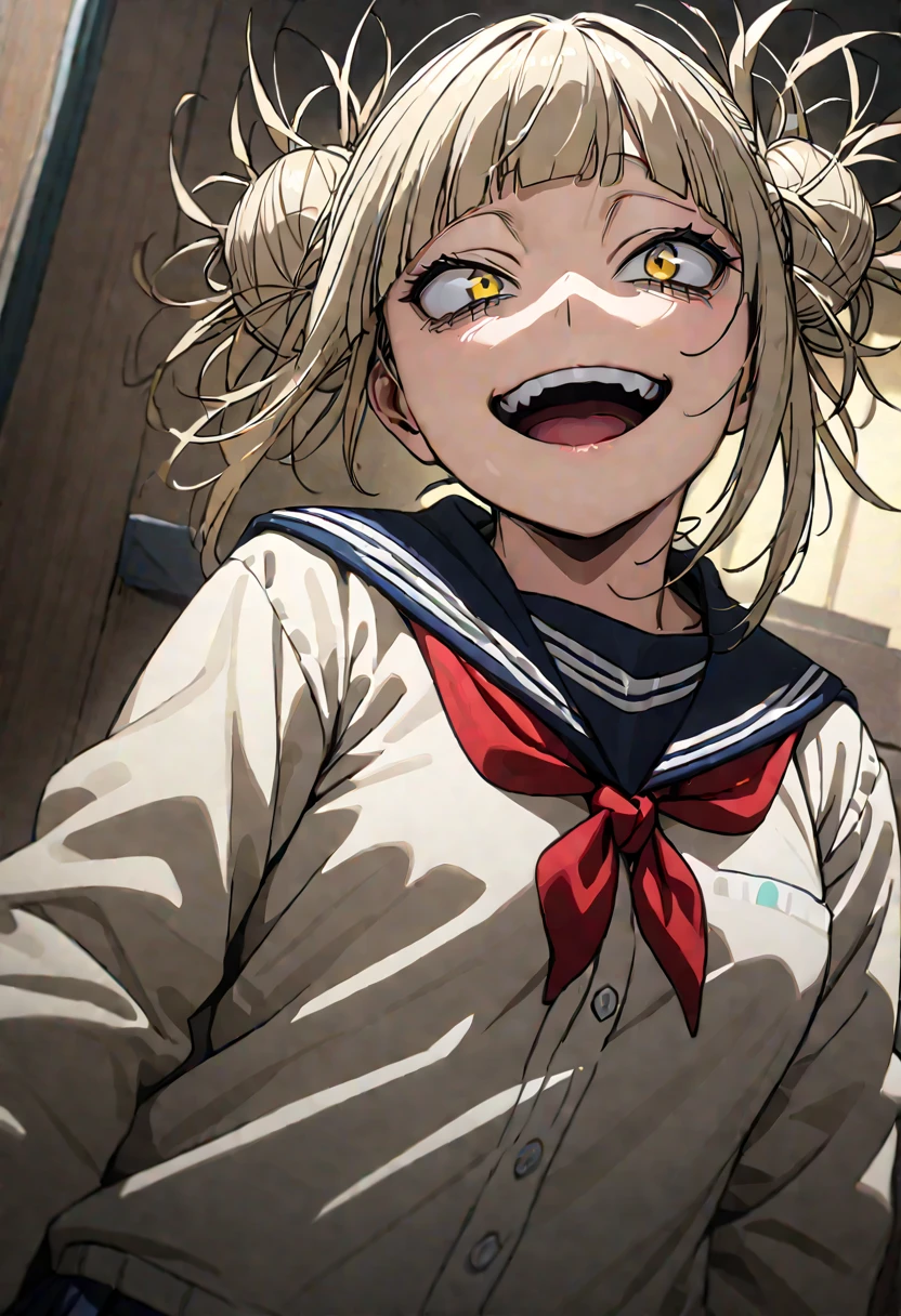 toga himiko, Double Bang ,  Yellow Eyes ,  blonde hair ,  wide open mouth, ,  school uniform, tooth, smile, ,  school uniform, tooth, smile,  sailor suit, Blue sailor collar, ((full body)),  Red Neckerchief , teeth,Masseter muscle area,  top quality,32K、 wallpaper,  super detailed, Absurd beauty,  1 girl 、Thin legs、Make the head smaller、いたずらっぽいsmile、break,  the angle of looking up from below :1.5, Angle looking up from below:1.5