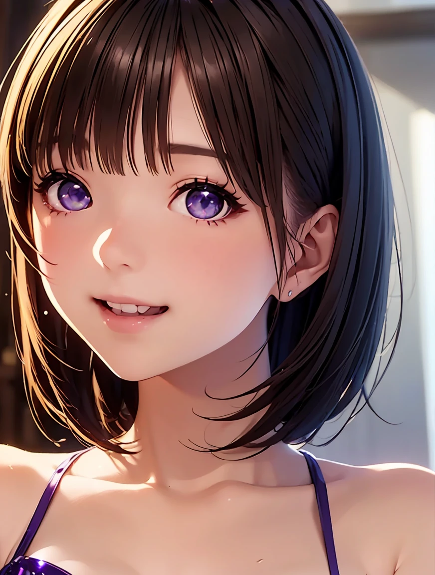     High Definition ,In 8K,  top quality ,  Details, semi-realistic anime , D-anime style ,  Smooth Anime CG  ,  one girl,  19-year-old Japanese woman , ((Beauty)),  slim,modeling,(( Round Shining Round Eyes)),(( antique)),((Round Medium Bob )),((( asymmetrical hairstyle ))),(( Maroon Sparkling Hair )),  pink lips,  shiny brown hair ,  Detailsな顔,Beautiful and  Details,(( Deep Blue-Purple Sparkling Eyes )),((Open your mouth)),(Smile),((Round hairstyle)),((Turn straight to the side )),(((Desired look ))),(((Beautiful Shadows))),((Transparency)),